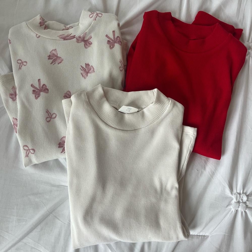 abercrombie kids Ribbed Long Sleeve Tops in White, Red, and Pink Print